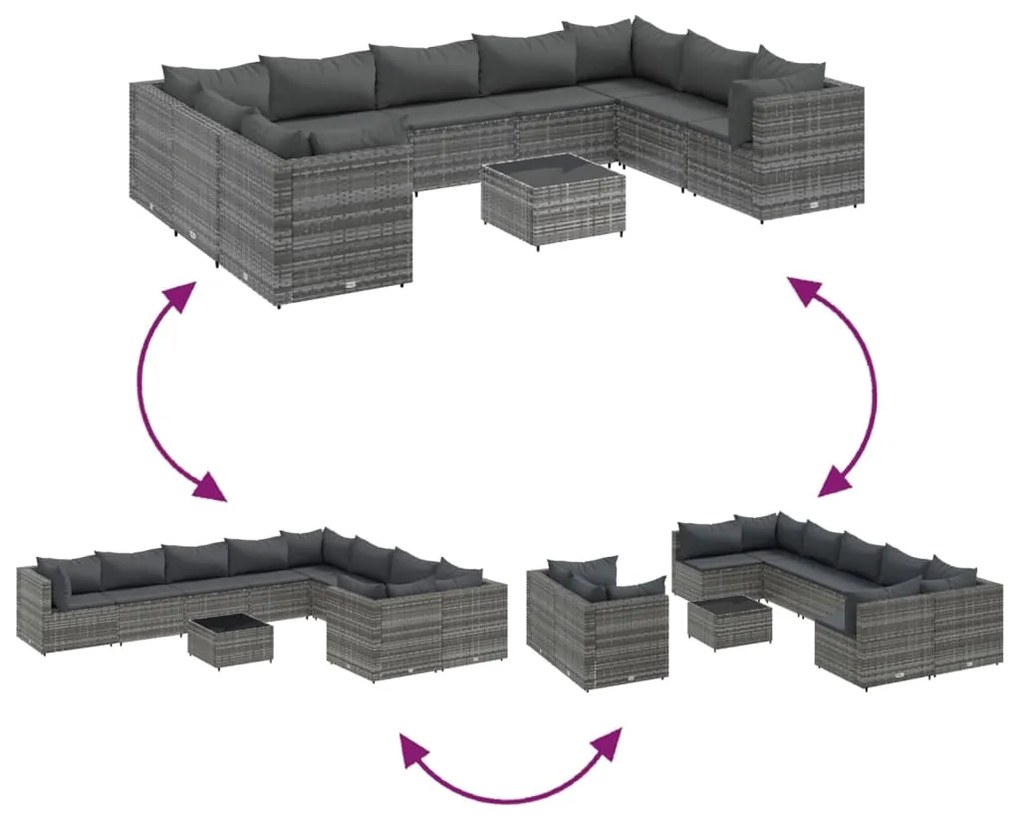 10 pcs conjunto sofás de jardim c/ almofadões vime PE cinzento