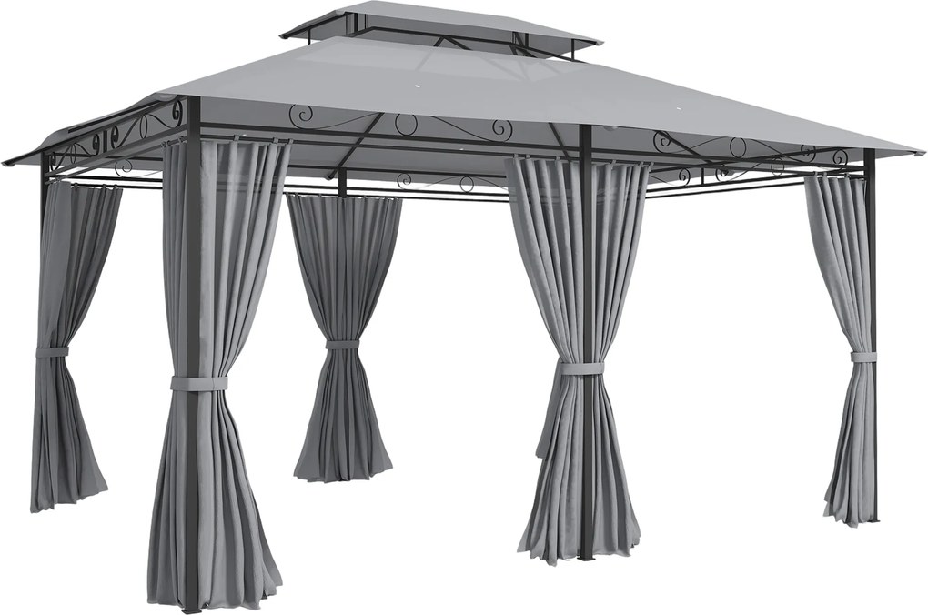 Pérgola para Jardim 3x4 m Pérgola de Exterior com Telhado Duplo 6 Paredes Laterais Estrutura Metálica  Cinzento Escuro