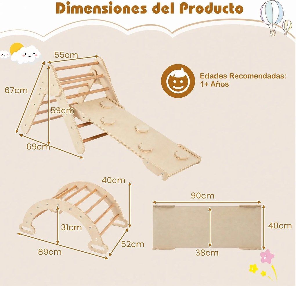 Conjunto de 3 Peças Montessori: Triângulo de Escalada, Arco e Rampa, 69 x 55 x 59 cm, Dobrável, Natural