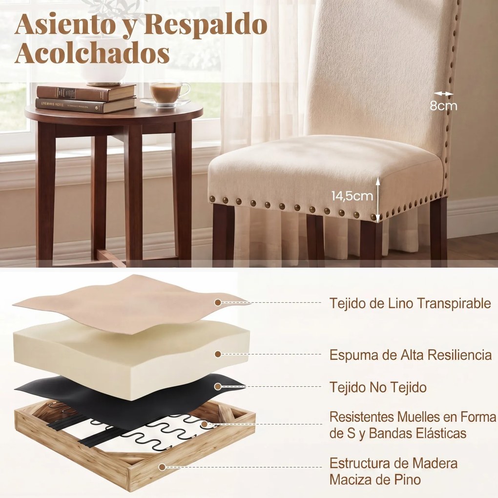 Conjunto de 2 Cadeiras de Jantar Estofadas, 44,5 x 67 x 96 cm, Assento Acolchoado, Bege
