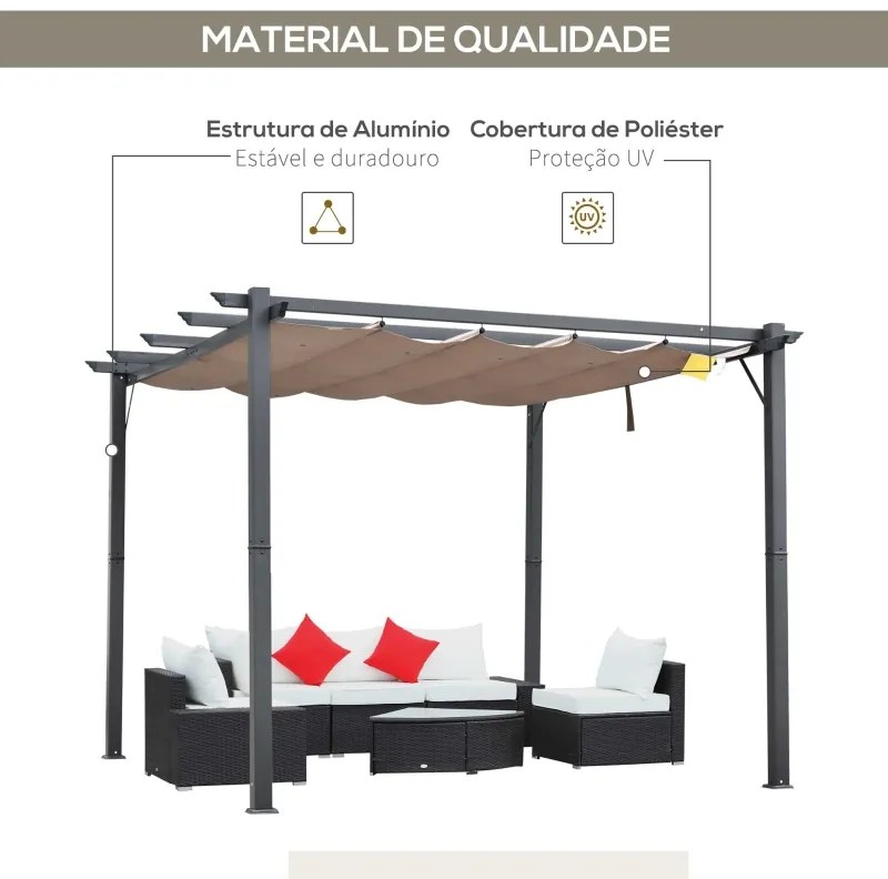 Pérgola de Jardim com Toldo de Poliéster Retrátil e Estrutura de Alumínio para Exterior Pátio 3x3 m Cinza e Castanho