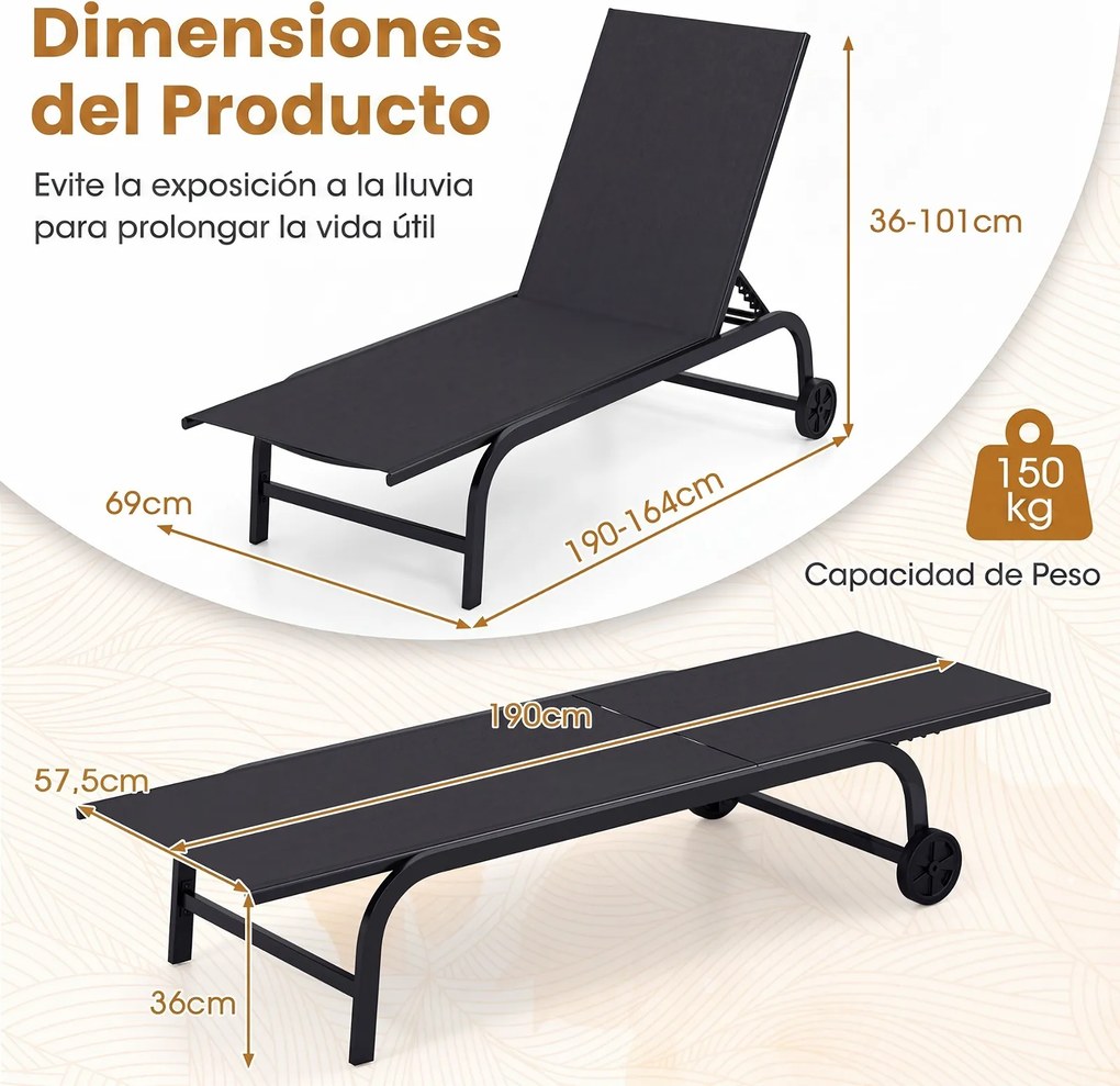 Conjunto de 2 Espreguiçadeiras de Exterior, 190 x 69 cm, Encosto Ajustável em 6 Níveis, Preto