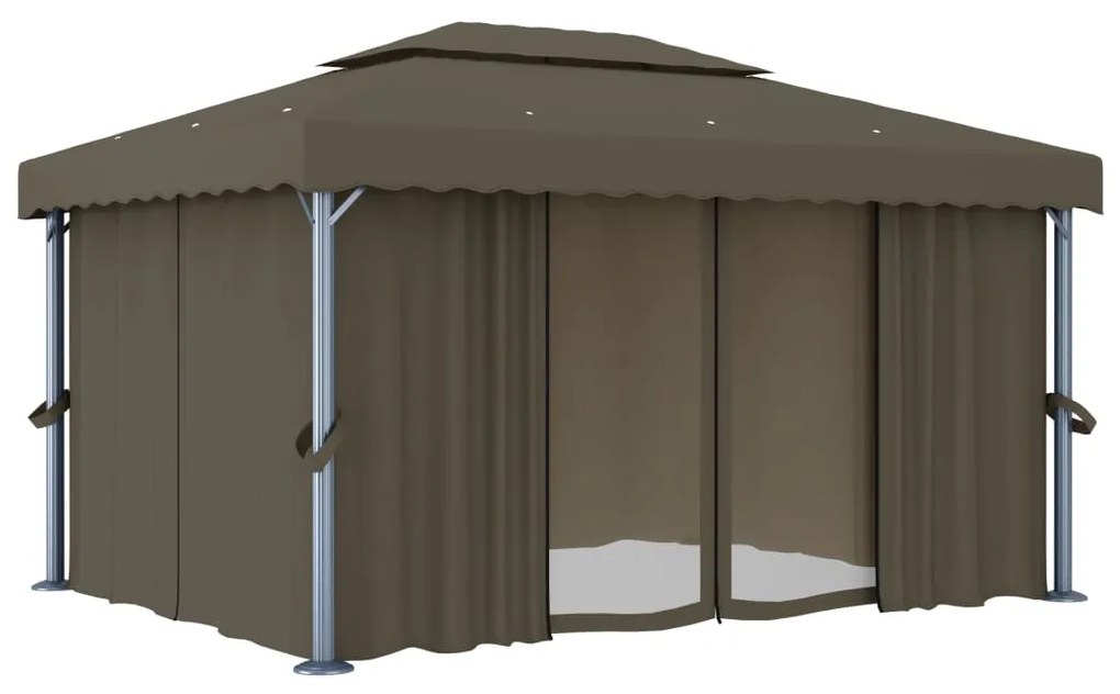 Gazebo com cortinas e cordões de luzes LED 4x3 m cinza-acastan.