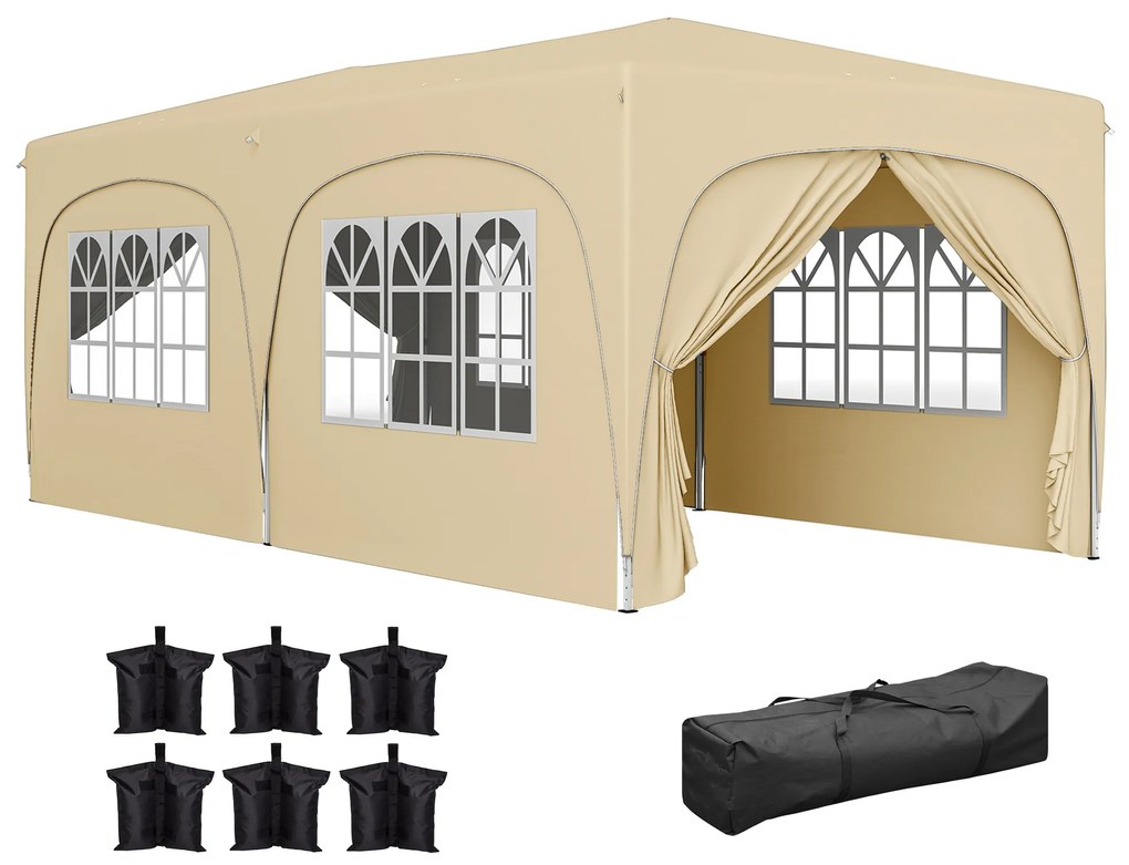 Tenda Dobrável 3x6 m com Painéis Laterais UPF50+ Tenda de Jardim com Altura Ajustável e Bolsa de Transporte Areia