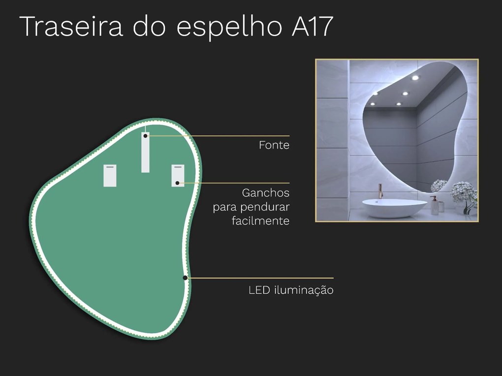 Espelho LED orgânico com iluminação A17 50x62