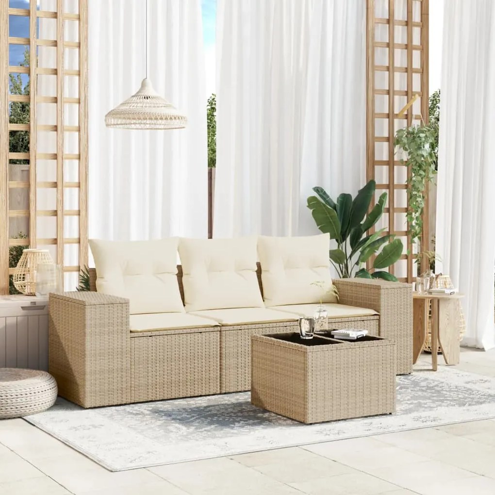 vidaXL 4 pcs conjunto de sofás para jardim c/ almofadões vime PE bege