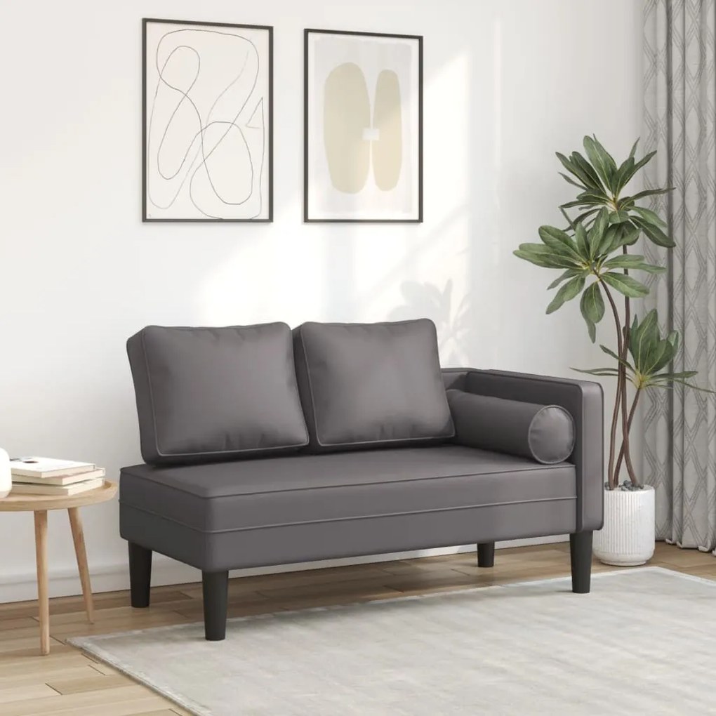 Chaise longue com almofadões couro artificial cinzento