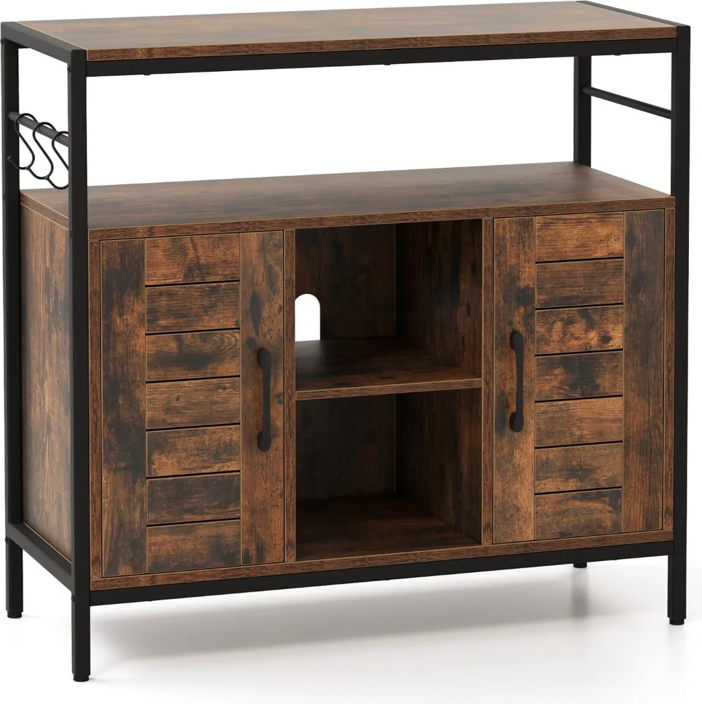 Aparador Armário 84 x 35 x 80 cm com 2 Portas Compartimentos Abertos Estantes Ajustáveis para Cozinha Sala de Jantar Castanho Rústico + Preto