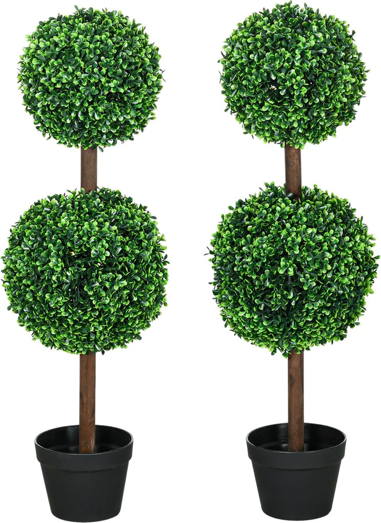Conjunto de 2 árvores artificiais com duas esferas, incluindo tronco e vaso - altura 90 cm, verde