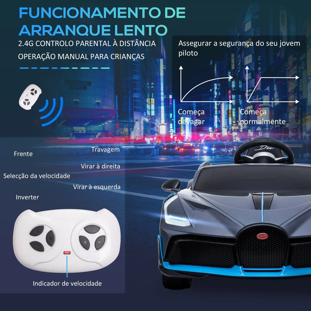 Carro Elétrico Infantil Bugatti Divo para Crianças de 3-6 Anos Carro a Bateria 12V com 2 Motores Controlo Remoto Faróis LED Buzina Música USB MP3 e Ve