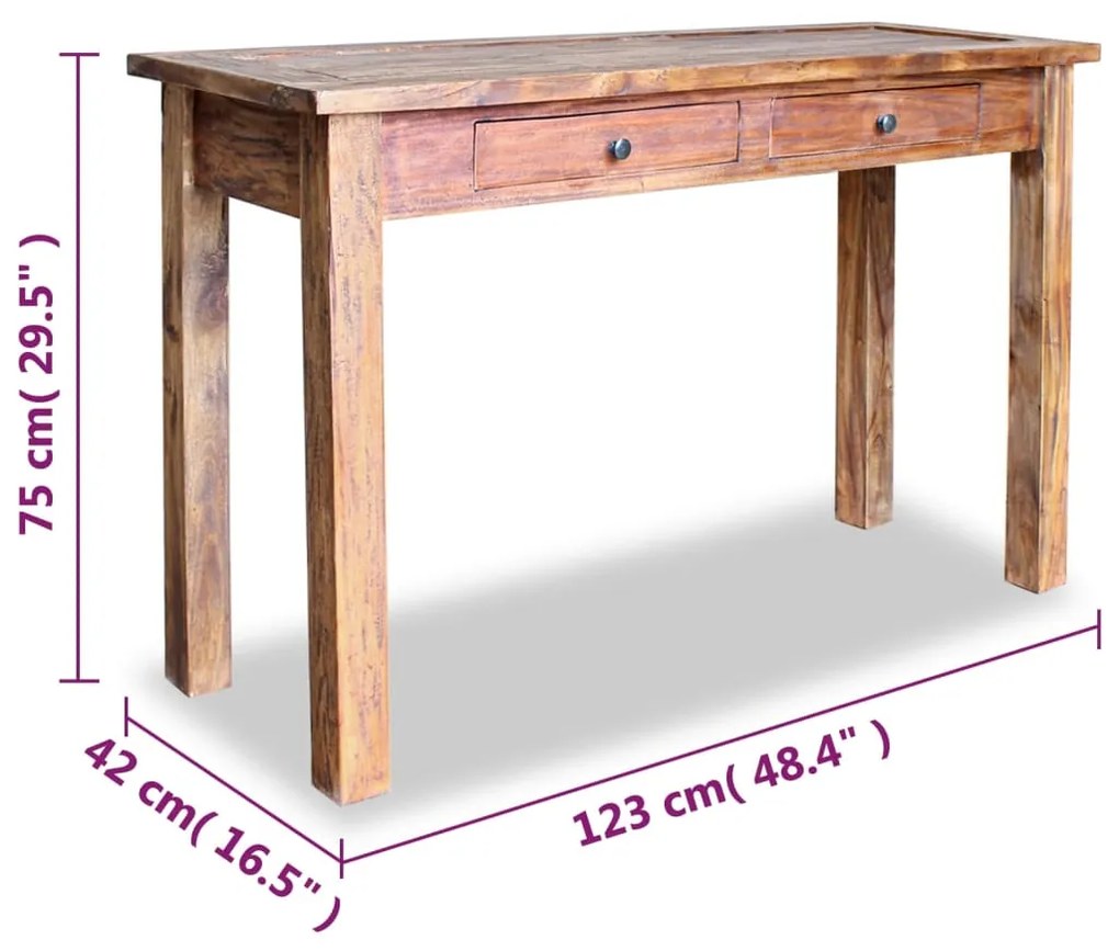 Mesa consola madeira reciclada maciça 123x42x75 cm