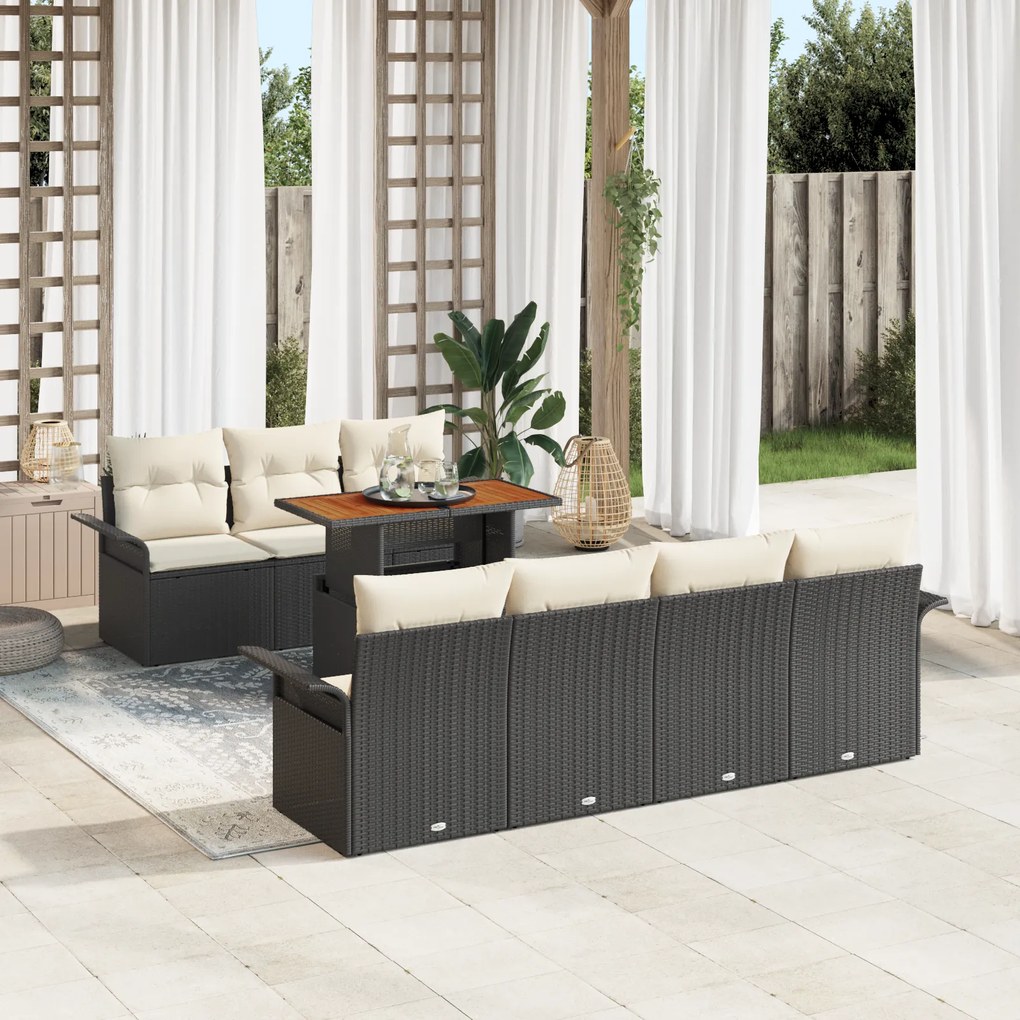vidaXL Conjunto de Sofá de Jardim de 8 Peças com Almofadas Preto Vime Poliéster