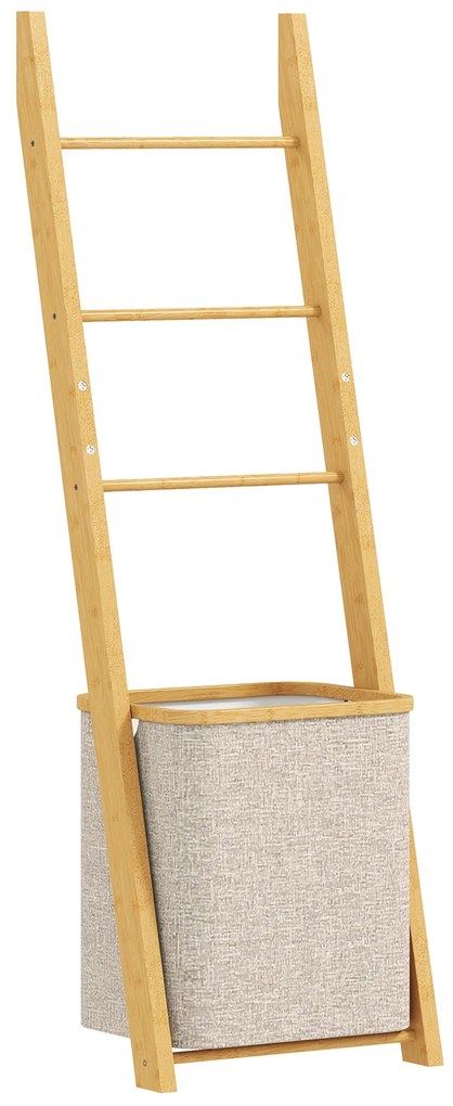 HOMCOM Estante para Casa de Banho de Bambu com 3 Barras e Cesto para Roupa Suja Removível de 48 L 43x35x133 cm Creme e Madeira