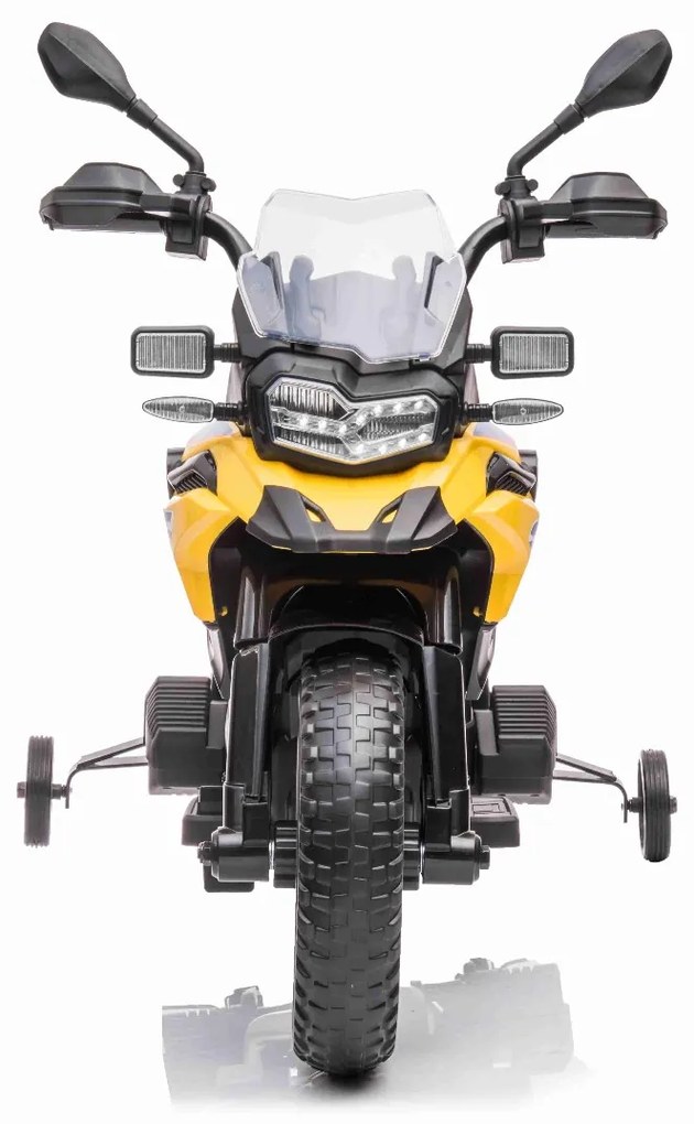 Moto eléctrica para crianças BMW F850 GS, 12V,Rodas Soft EVA, 2 motores x 35W, luzes LED, rodas auxiliares, MP3 player com entrada USB/Aux, Amarelo