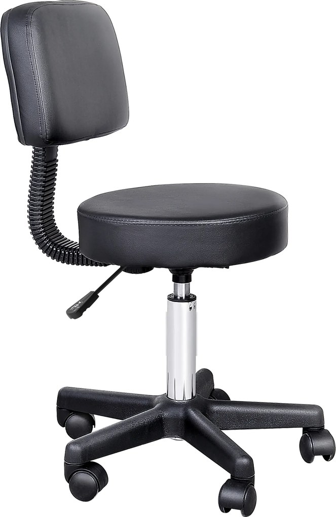 Banco de massagem com rodas, altura ajustável, giratório e encosto ergonómico, preto