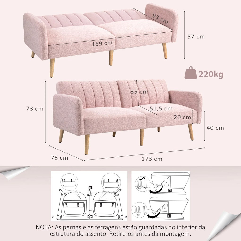 Sofá Cama de 2 Lugares com Encosto Ajustável em 3 Posições Apoio para os Braços e Pés de Madeira 173x75x73 cm Rosa