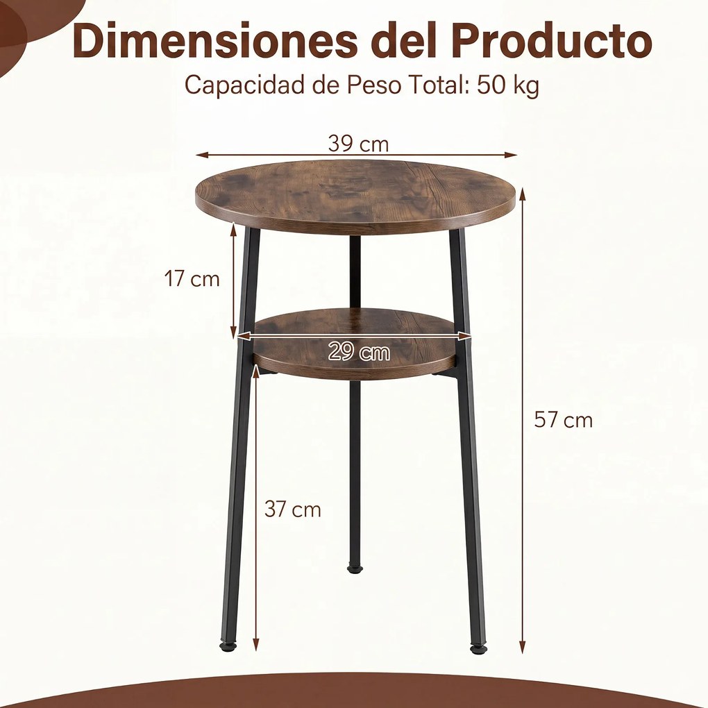 Conjunto de 2 Mesas Auxiliares Redondas, 39 x 39 x 57 cm, Dois Níveis, Castanho e preto