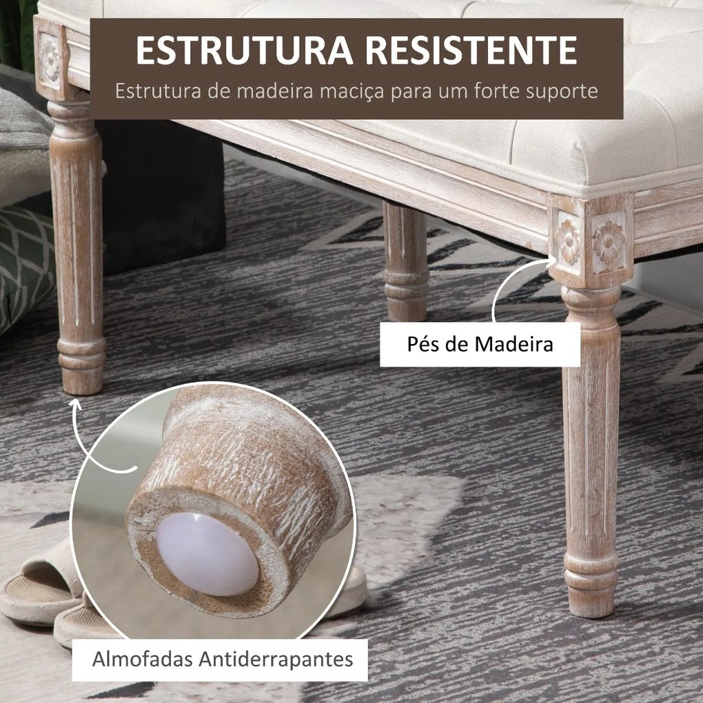 Banco Acolchoado – Margaux – 80x40x41 cm – Bege – Design Vintage e Clá
