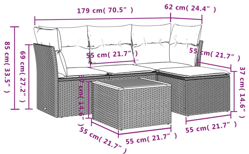 5 pcs conj. sofás jardim c/ almofadões vime PE bege misturado