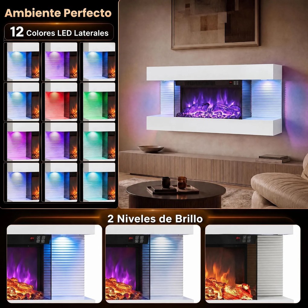 Lareira Elétrica de Parede com Vista por Três Lados, 82 x 20,6 x 41,8 cm, Controlo por Wi-Fi, Branco