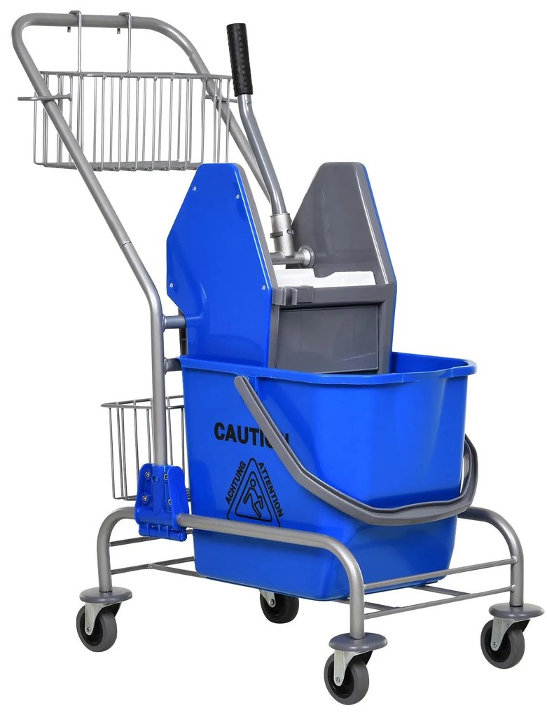 HOMCOM Carro de Limpeza Balde para Esfregona com Escorredor a Pressão Rodas e Cesto de Armazenamento Capacidade 26L 73x45x95 cm Azul | Aosom Portugal