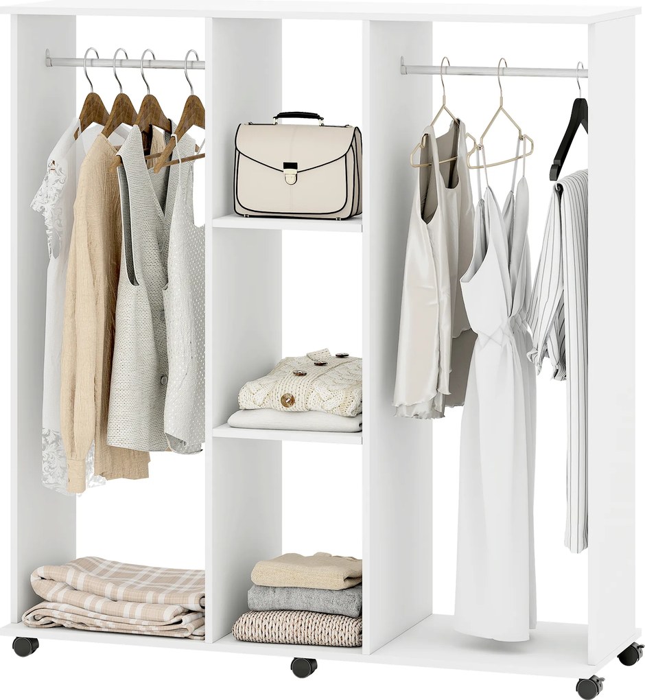 Guarda roupa aberto com varões, móvel de arrumação com rodas, 6 rodas, 120 x 40 x 128 cm, branco