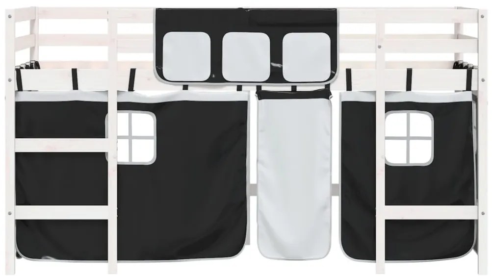 Cama alta criança c/ cortina 80x200cm pinho maciço branco/preto