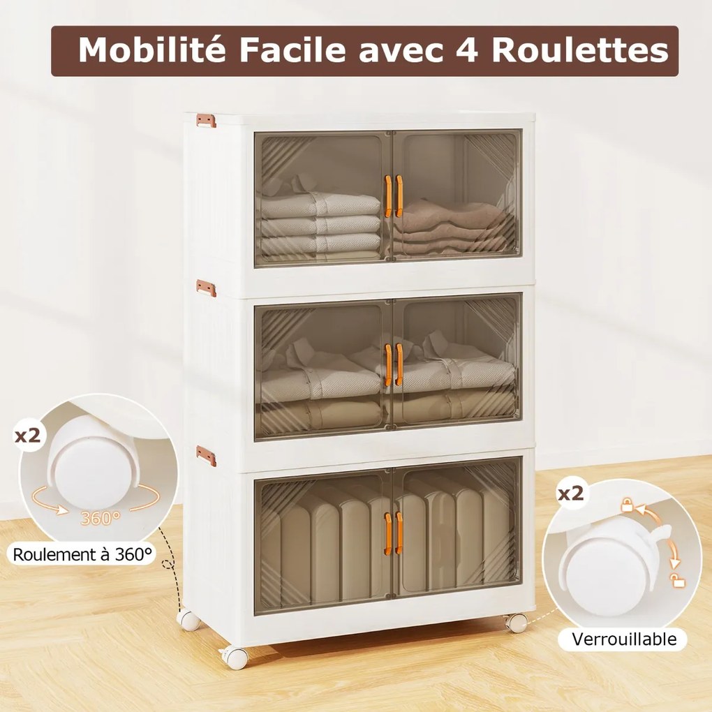 Recipientes de armazenamento empilháveis ​​com rodas e portas para quarto - Branco - 4 camadas