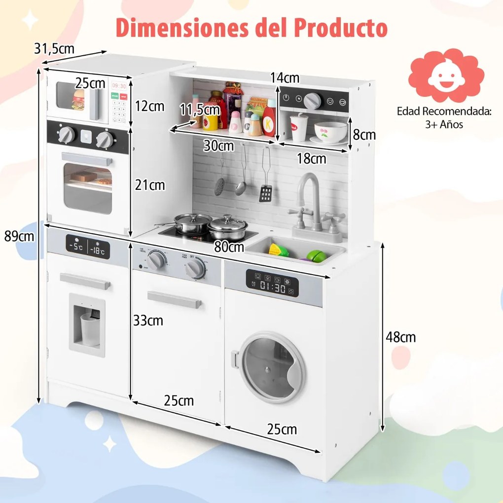 Cozinha de brincar para crianças em madeira com lava-loiça, torneira, dispensador de água, forno micro-ondas, máquina de lavar roupa, luzes e sons Bra