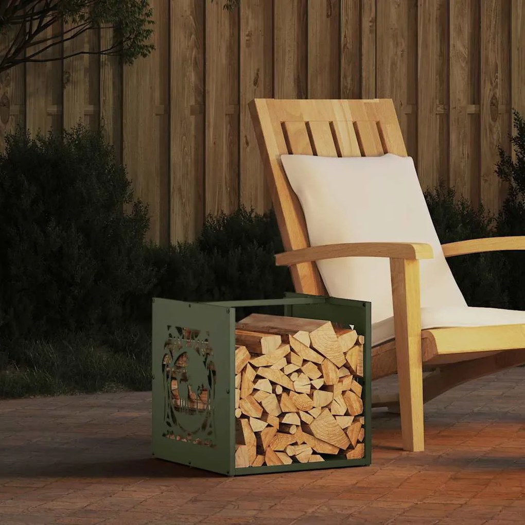 vidaXL Suporte para lenha aço laminado a frio verde azeitona