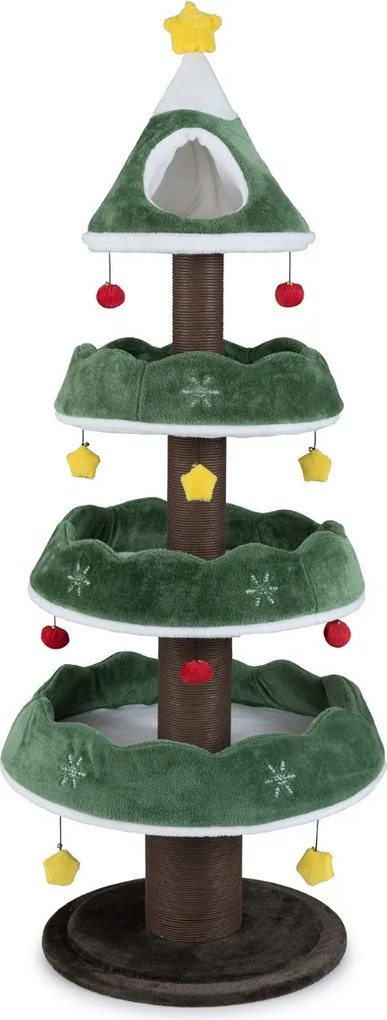 Arranhador para gatos em forma Árvore de Natal 179 cm com Vários Níveis com 3 Plataformas de Veludo Cabide Fechado Superior Verde