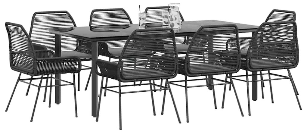 Conjunto de jantar jardim 9 peças almofadas vidro vime PE preto