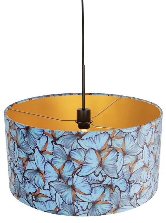 Candeeiro de suspensão com abajur de veludo borboletas com dourado 50 cm - Combi Clássico / Antigo