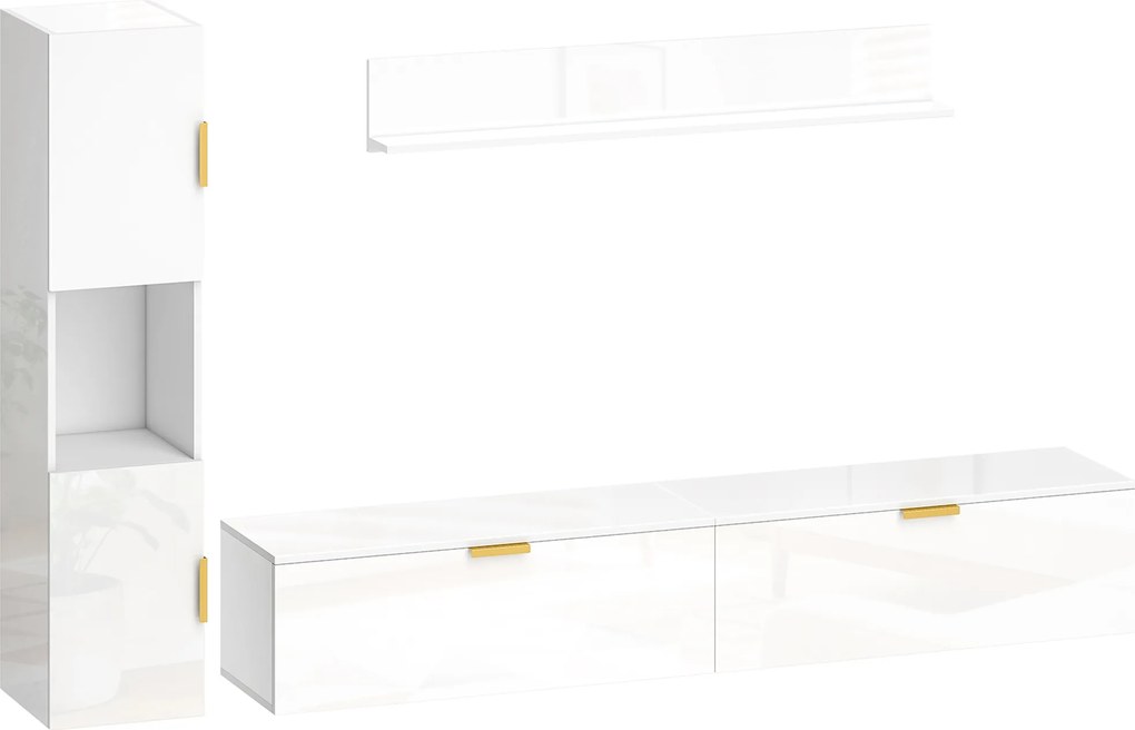 HOMCOM Móvel de TV Suspenso com Portas Basculantes Centro de Entretenimento Prateleira de Parede Armário 180 cm Branco Alto Brilho | Aosom Portugal