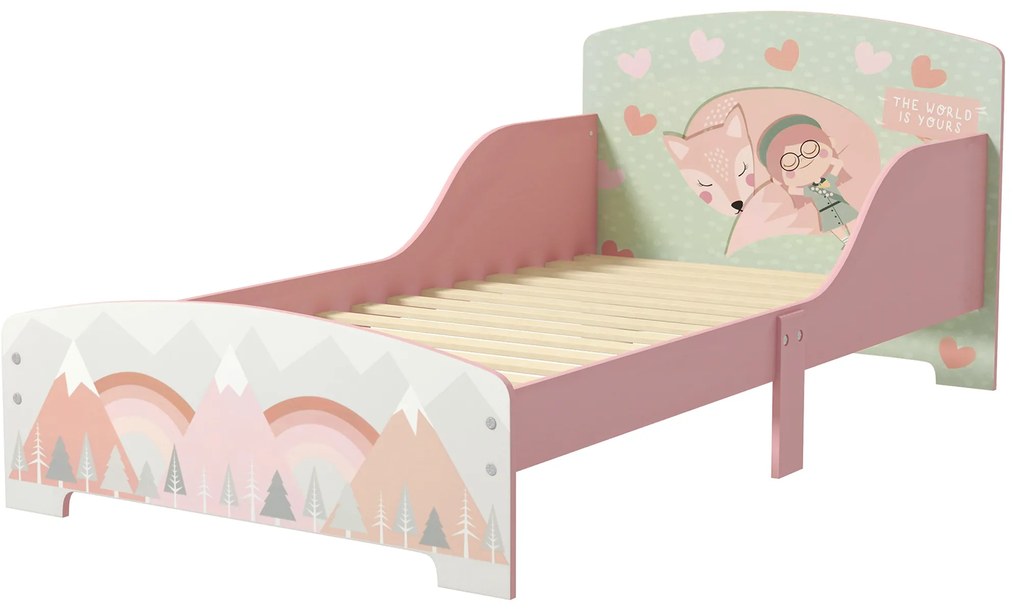Cama para Crianças de Madeira com Barreira de Proteção e Estampados Carga Máx. 40 kg 77x143x60 cm Rosa