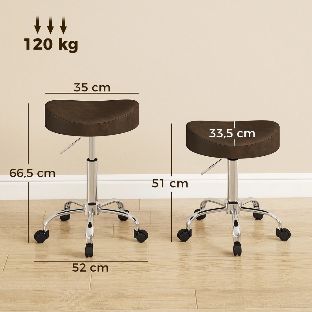 Banco com rodas, banco de trabalho com altura ajustável entre 51 e 66 cm e assento almofadado, giratório a 360°, castanho