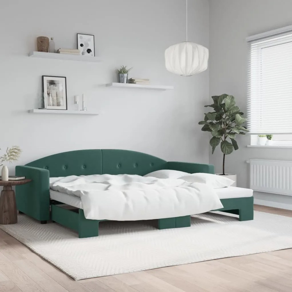 Sofá-cama com gavetão 90x200 cm veludo verde-escuro