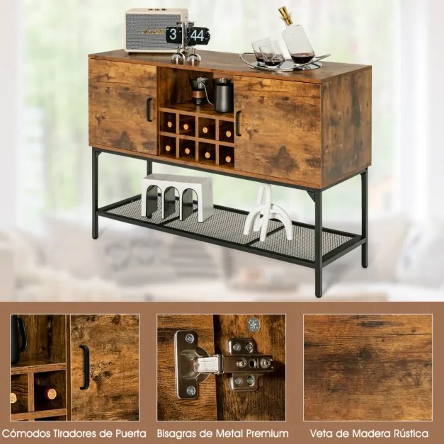 Aparador Buffet Industrial com Porta Vinho Prateleira de Malha 2 Armários com Portas para Corredor da Sala 122 x 41 x 85 cm Castanho