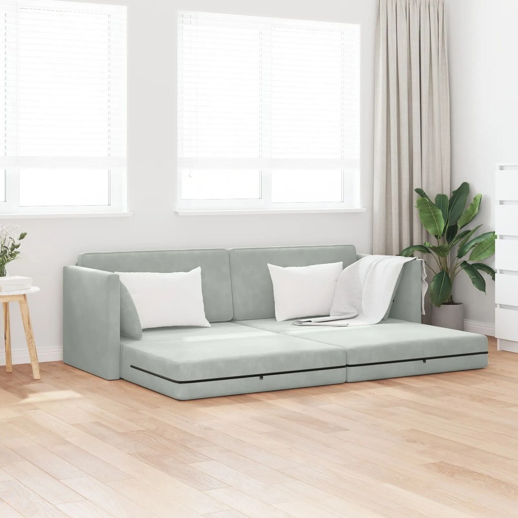 Sofá Cama de Chão 2-em-1 Cinza Claro 213x144x60 cm Veludo