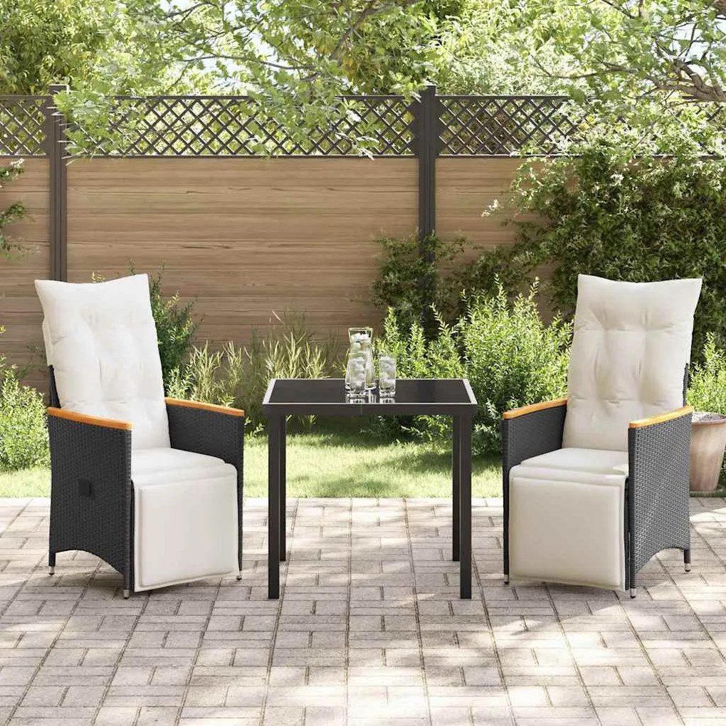 Conjunto de Jantar para Jardim com 3 Peças e Almofadas Pretas de Poly