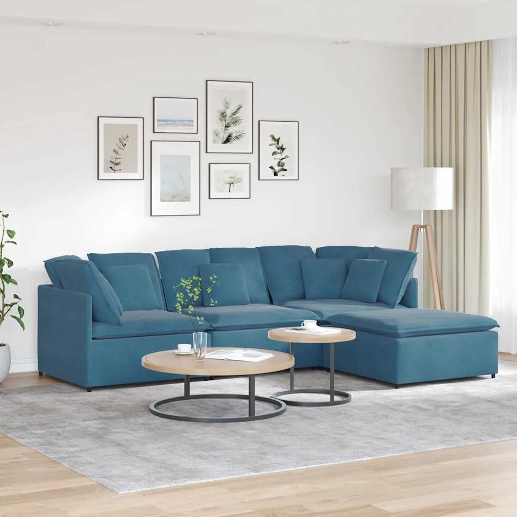 vidaXL Sofá modular com pufes e almofadas veludo azul