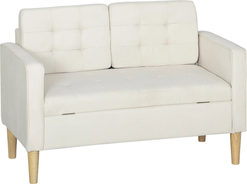 Sofá de 2 Lugares com Espaço de Armazenamento Pés de Madeira Encosto Capitonê 117x62x78 cm Creme