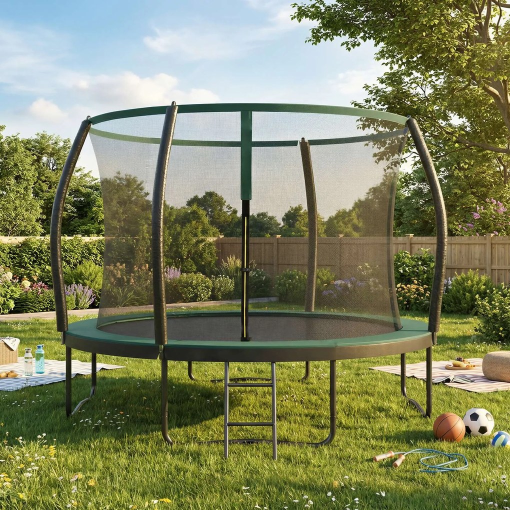 Trampolim 305 cm d, trampolim de jardim com rede de segurança, barras curvas com 180 cm de altura  Preto-verde escuro