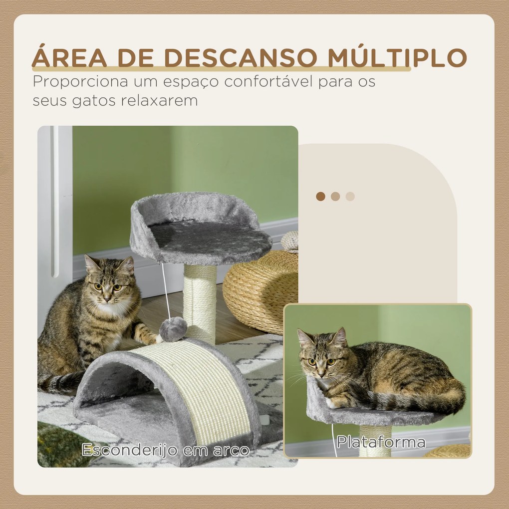 Arranhador para Gatos de 2 Níveis com Poste e Tapete de Arranhar Cama e Bola Suspensa 35,5x37x46 cm Cinza