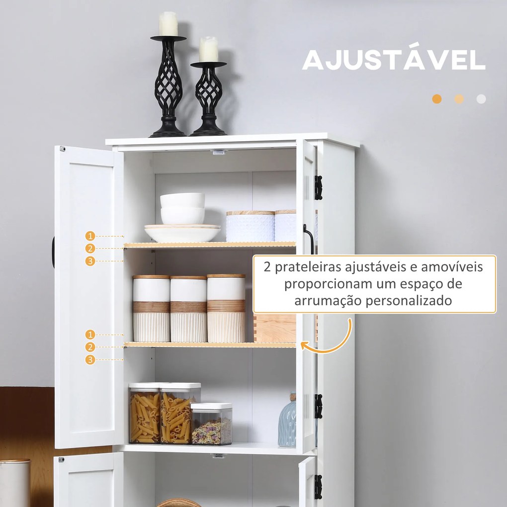 Armário de Cozinha Alto Móvel Auxiliar com 4 Portas e Prateleiras Ajustáveis 60x30x123 cm Branco