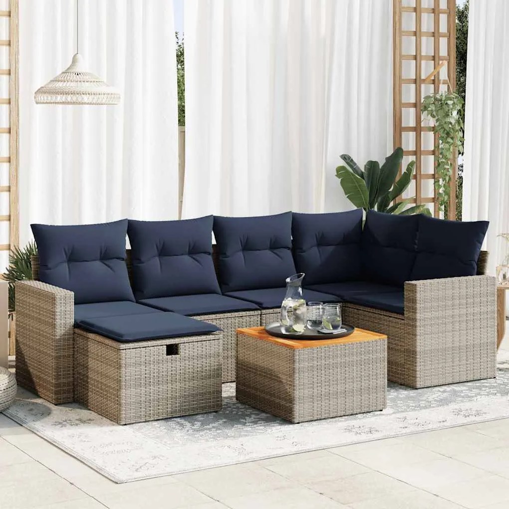 7 pcs conjunto sofás p/ jardim c/ almofadões vime PE cinzento