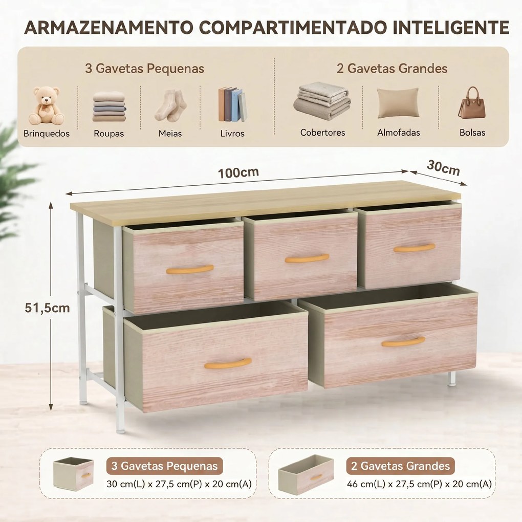 Cómoda com 5 Gavetas de Tecido Cómoda para Quarto Estrutura Metálica 100x30x51.5 cm Madeira e Branco