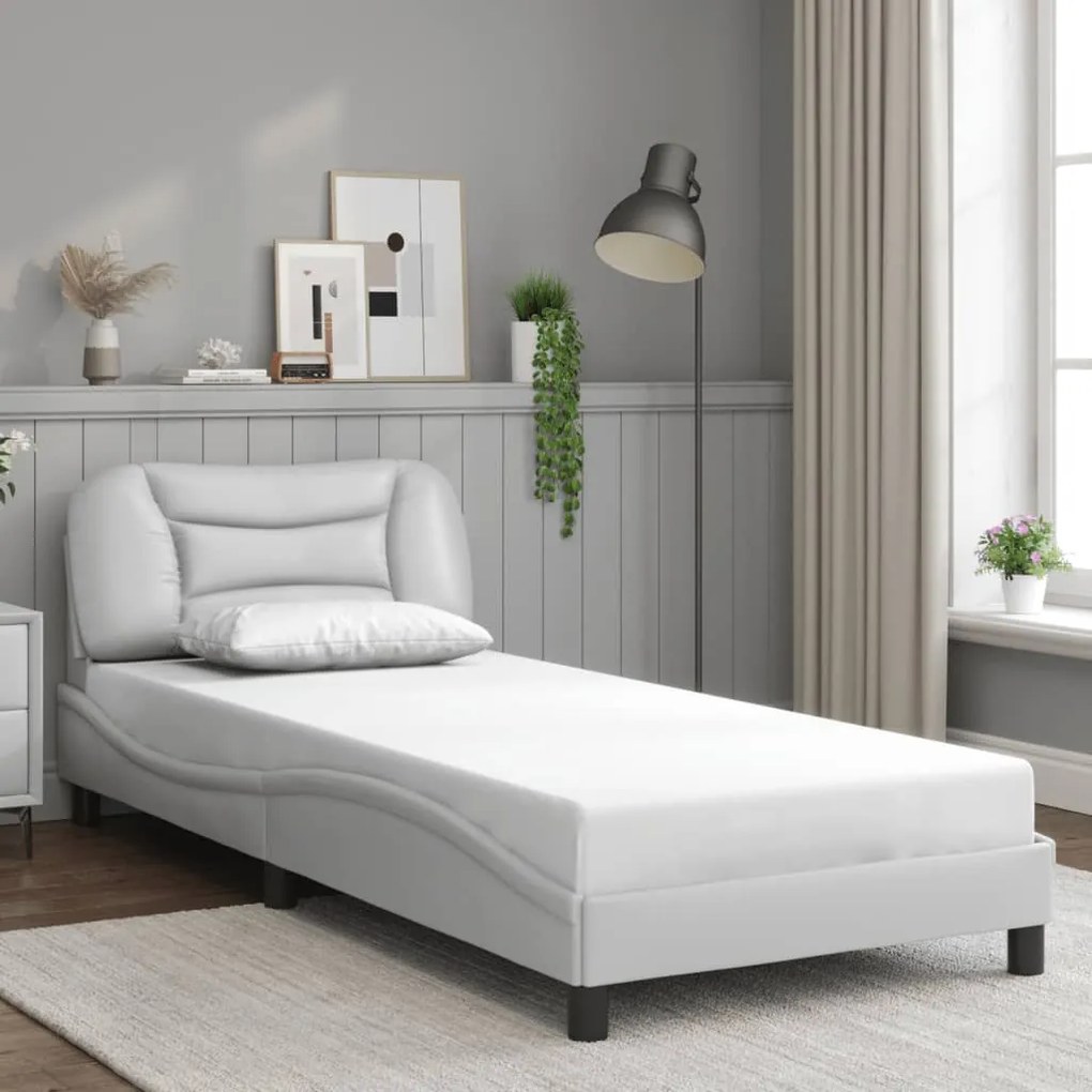 Estrutura de cama c/ luzes LED 90x190cm couro artificial branco