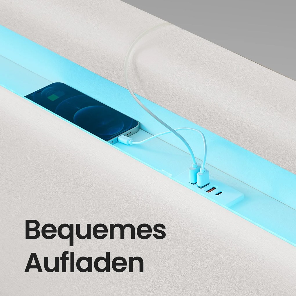 Estrutura de cama 160 x 200 cm (COLCHÃO NÃO INCLUIDO) com iluminação LED e estação de carregamento Branco