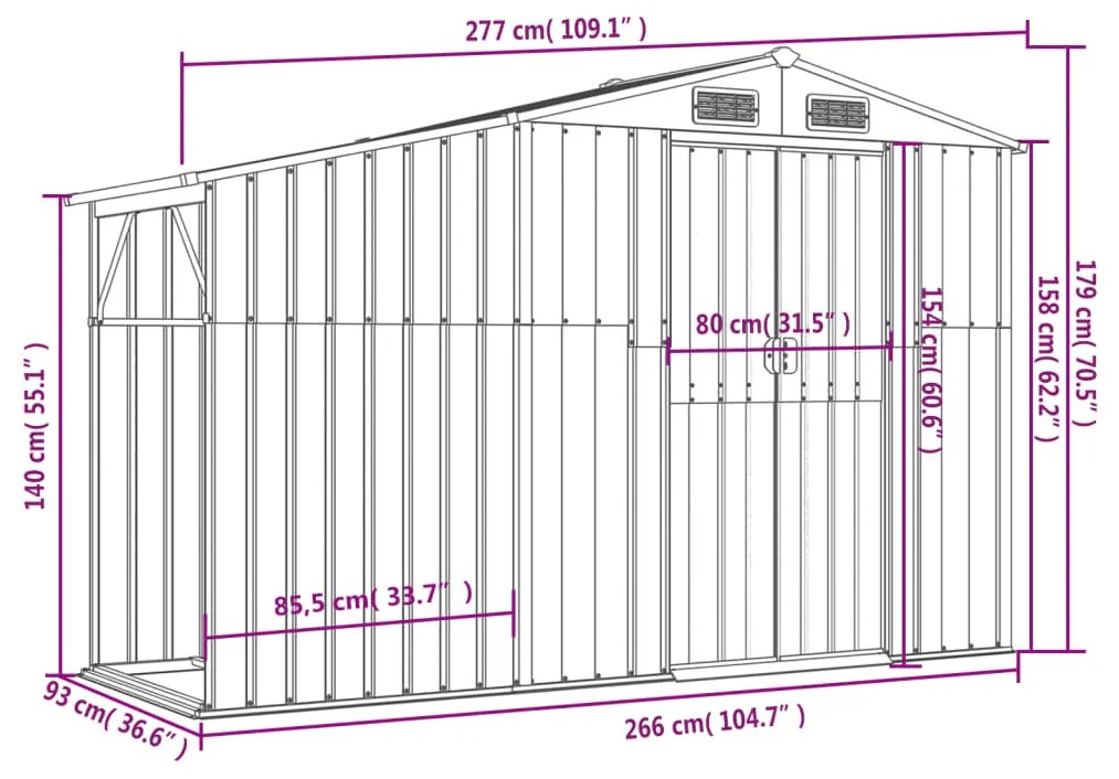 Abrigo de Jardim em Aço Galvanizado - 277x93x179 cm - Cinzento